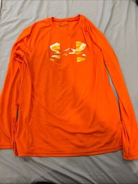 Under Armour Neon Orange Long Sleeve Performance Shirt. Size YXL. Used. Loose f